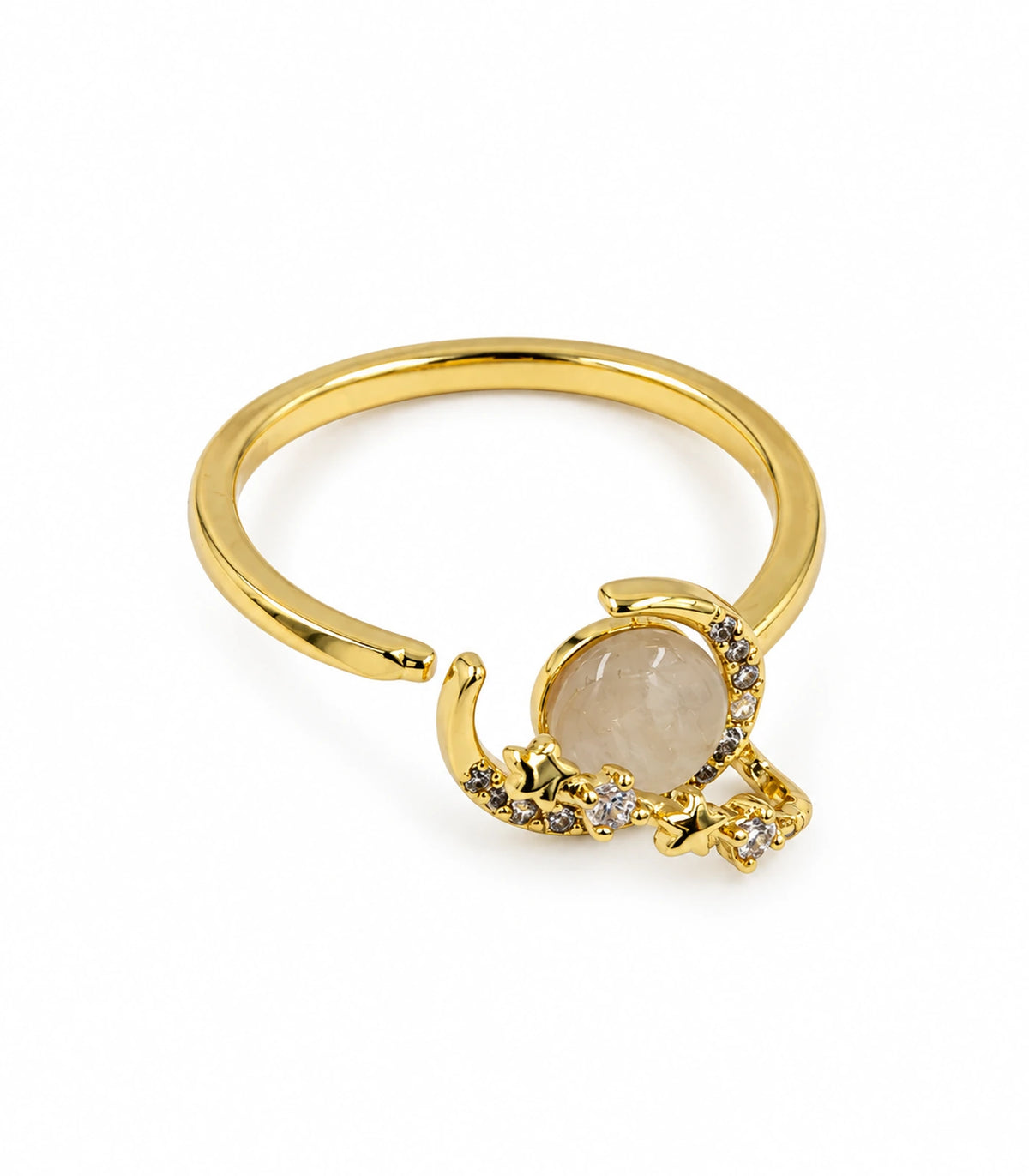 Gold crescent star cabochon open ring — white background