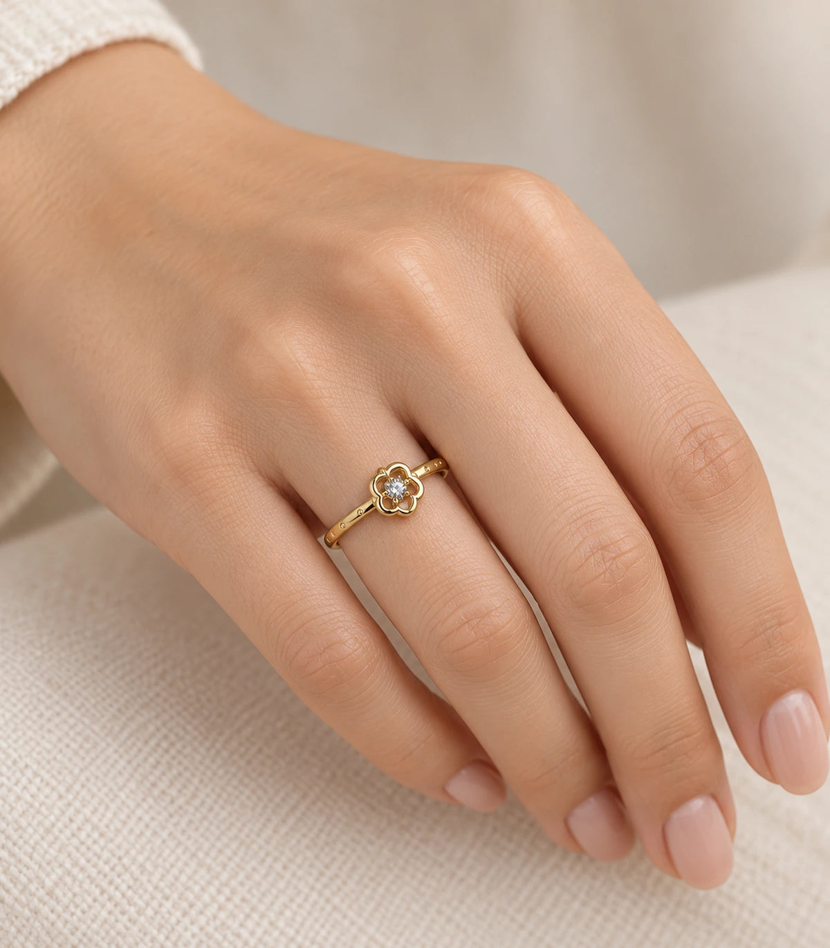 Gold Crystal Flower Open Ring worn on a finger