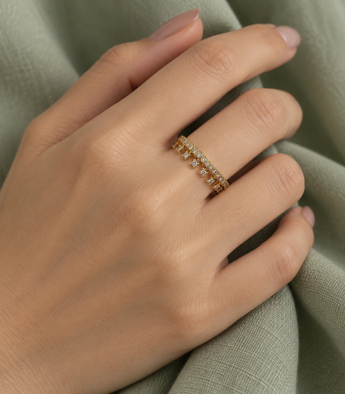 Gold Crystal Fringe Band Ring worn with green fabric styling