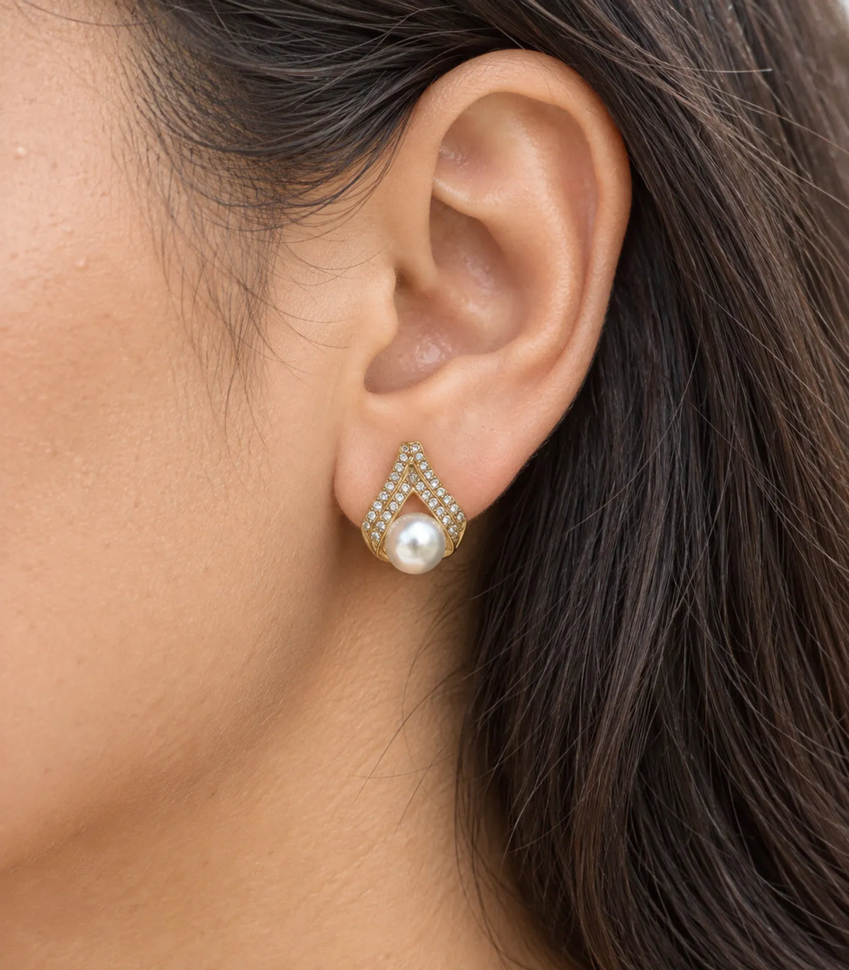 JIMIKI Gold Crystal Teardrop Pearl Earrings — worn close-up detail #color_gold-tone
