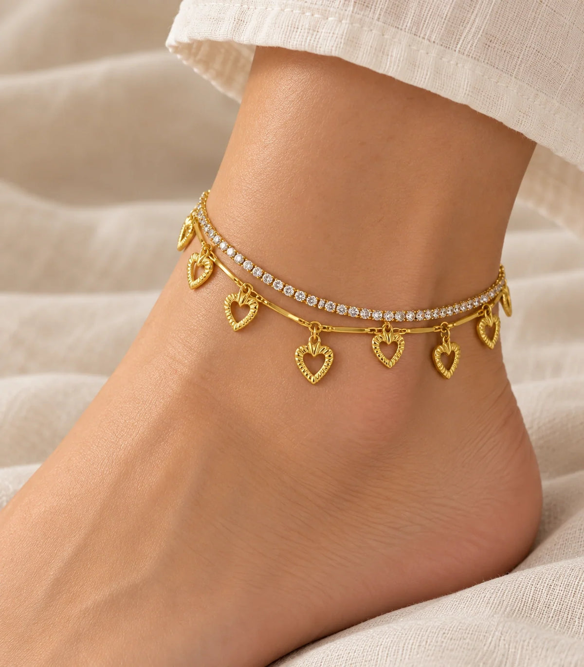 Gold Crystal Tennis Heart Charm Layered Anklet — closeup