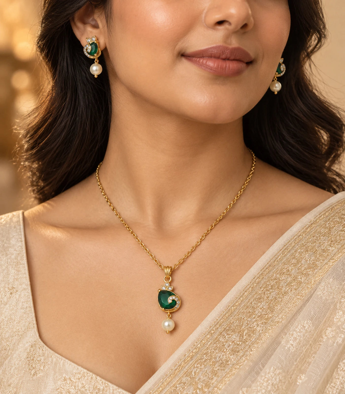 Emerald-green crescent pendant necklace and pearl-look drop earrings worn in warm editorial lighting