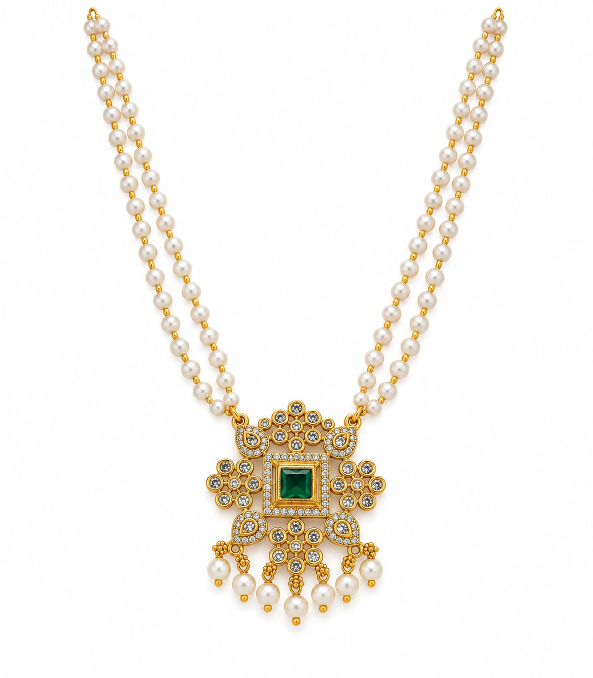 Gold Emerald Double Pearl Pendant Necklace on a white background