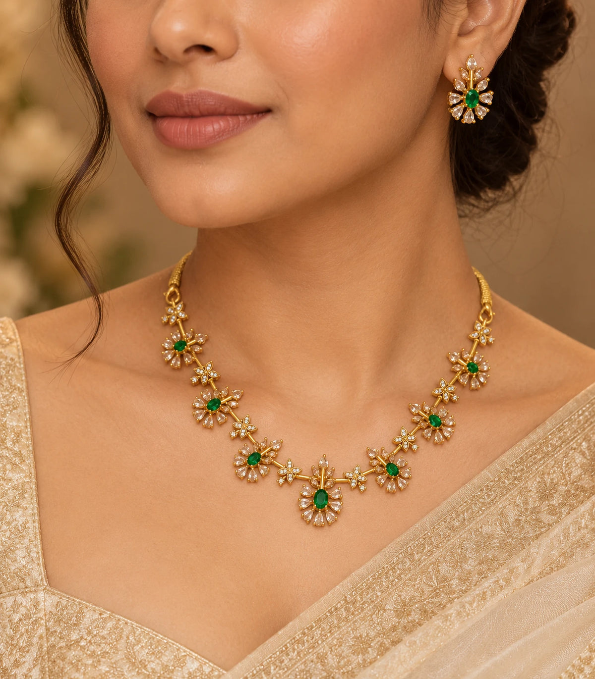 Gold Emerald Floral Crystal Necklace Set worn in an angled editorial view