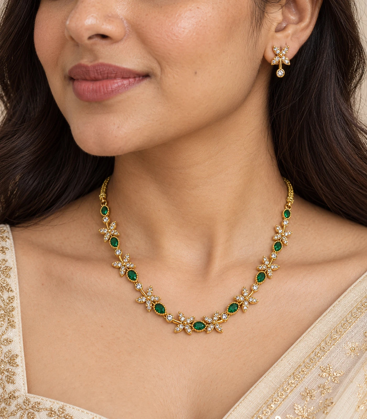 Close view of Gold Emerald Floral Crystal Necklace Set and matching earring