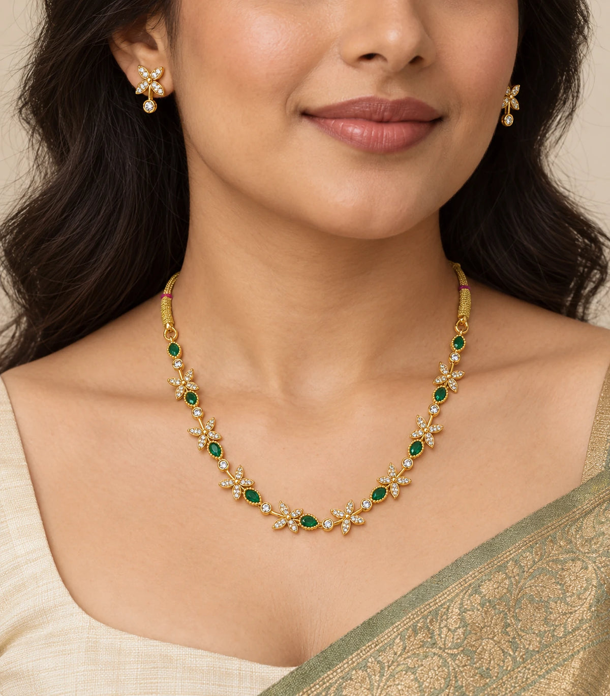 Gold Emerald Floral Crystal Necklace Set worn with matching earrings