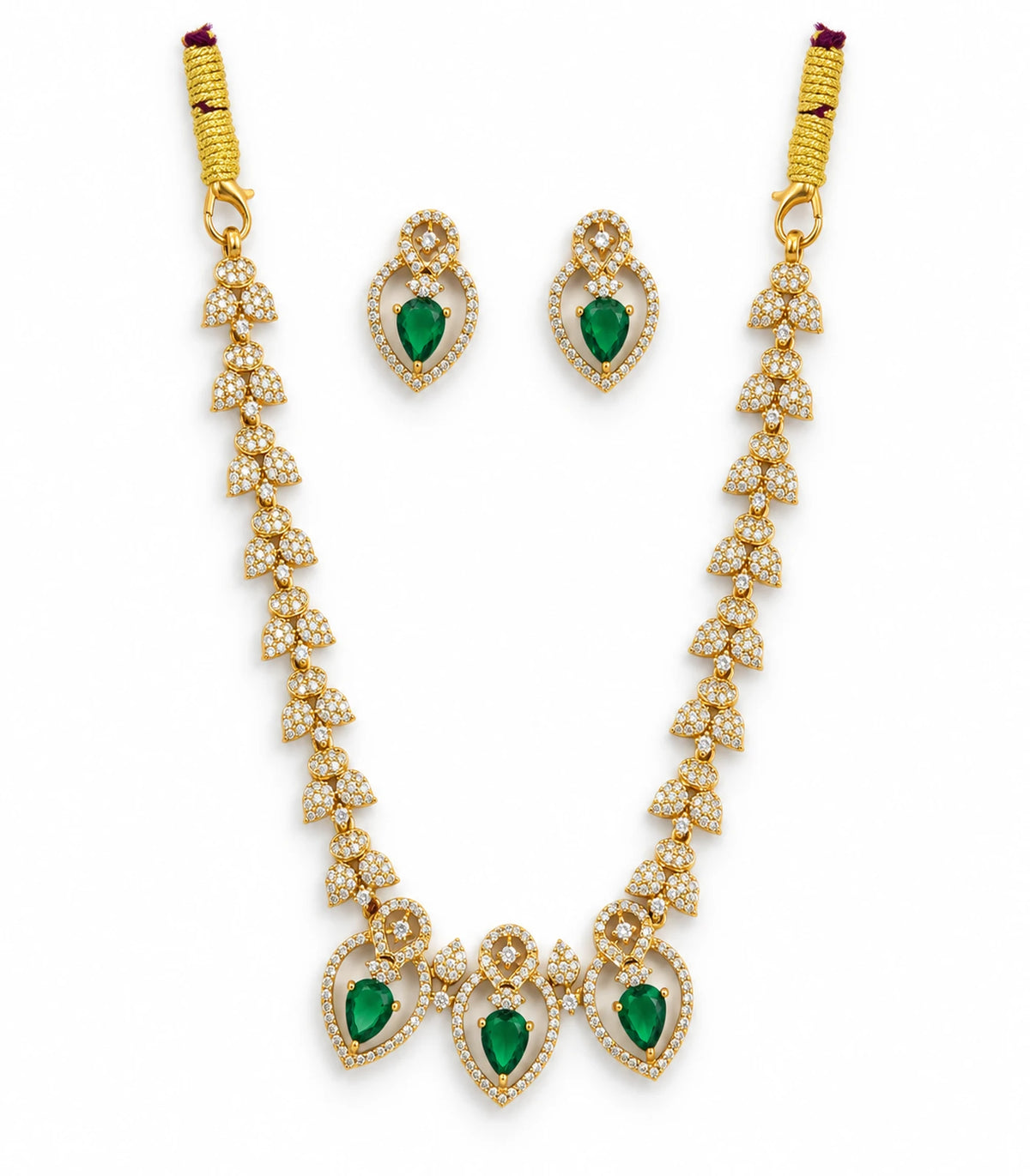Gold Emerald Heart Crystal Necklace Set with matching pair of earrings on white background