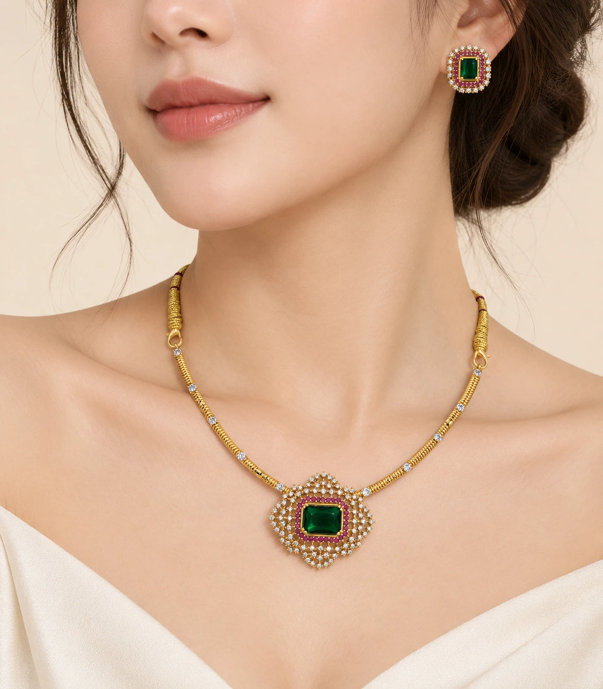 Gold-colour emerald-green and magenta necklace and matching stud shown worn