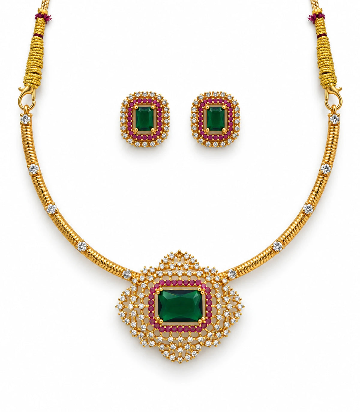 Gold-colour necklace with emerald-green and magenta pendant and matching stud earring pair on white