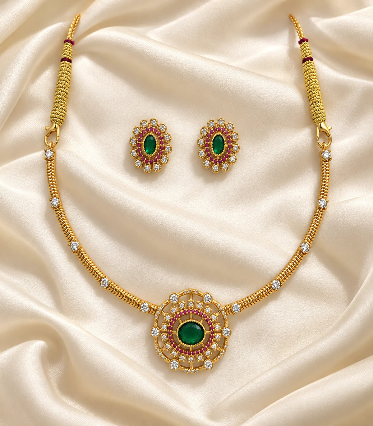 Complete gold-tone necklace and matching green oval stud earrings arranged on cream fabric.