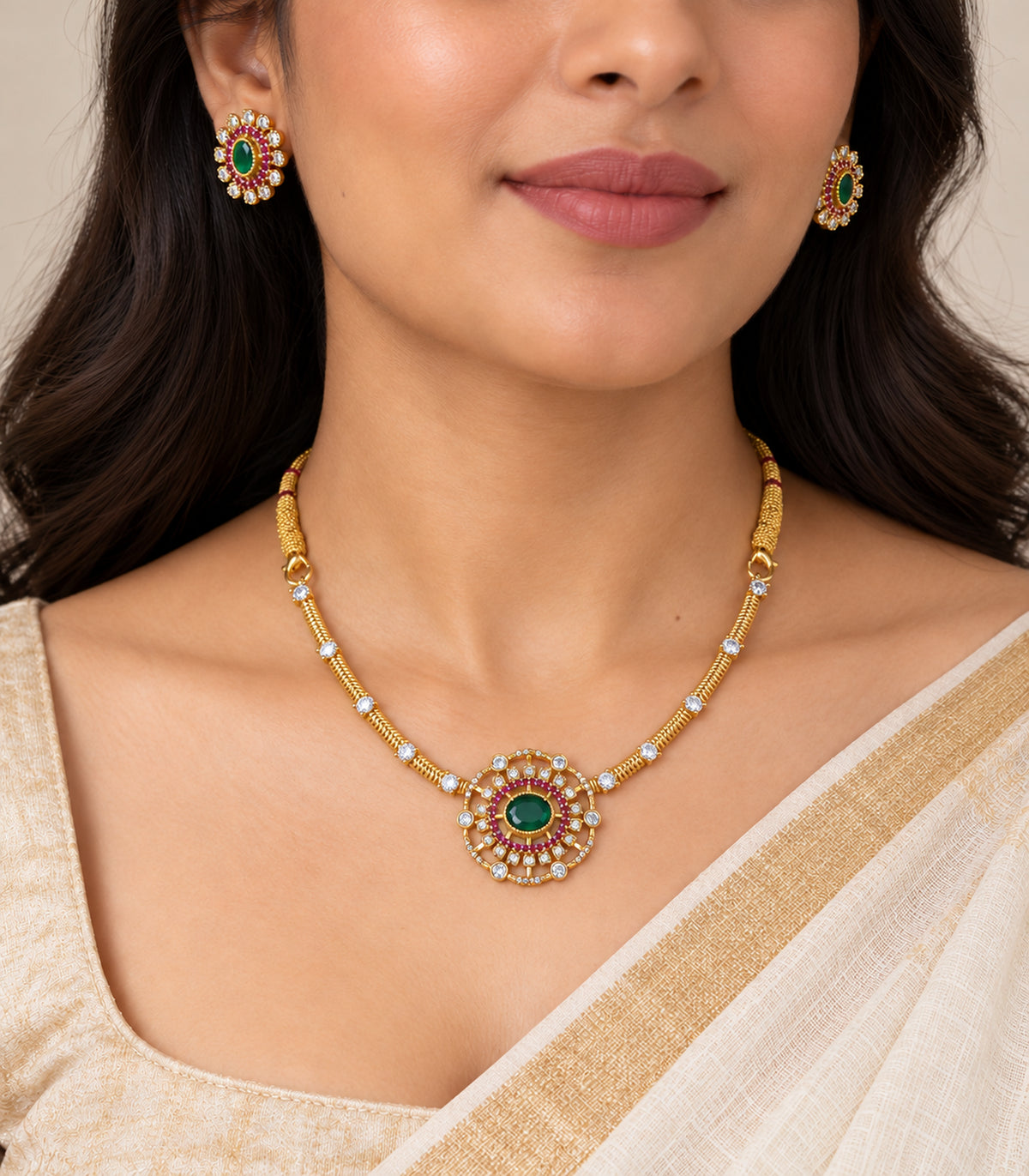 Gold Emerald Oval Crystal Necklace Set worn with matching oval stud earrings.