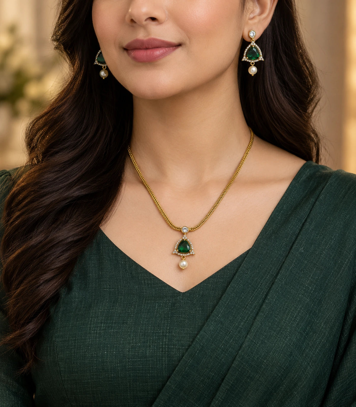 Gold emerald-green necklace set styled with a green outfit