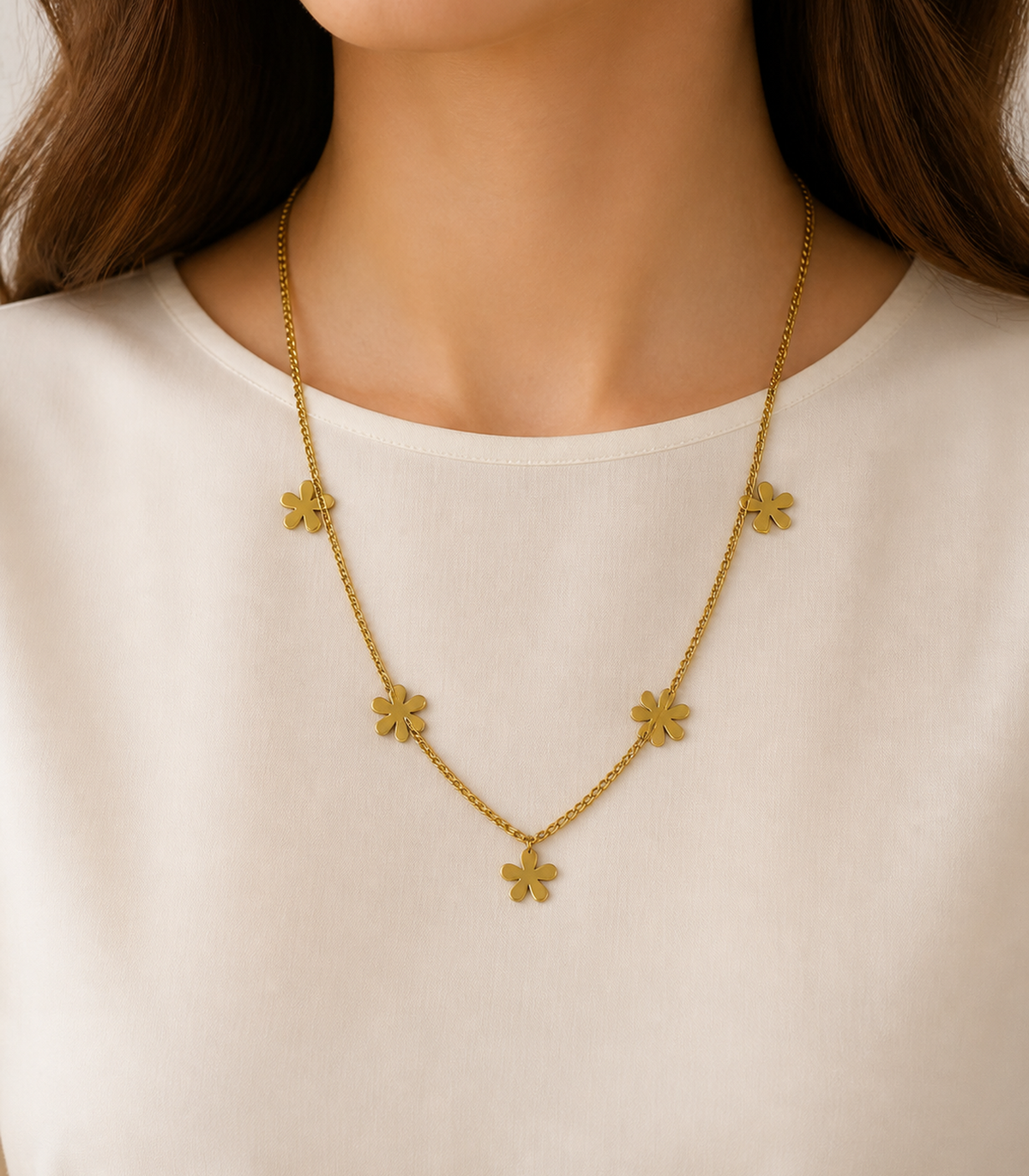 Gold Five Flower Chain Necklace worn by a model