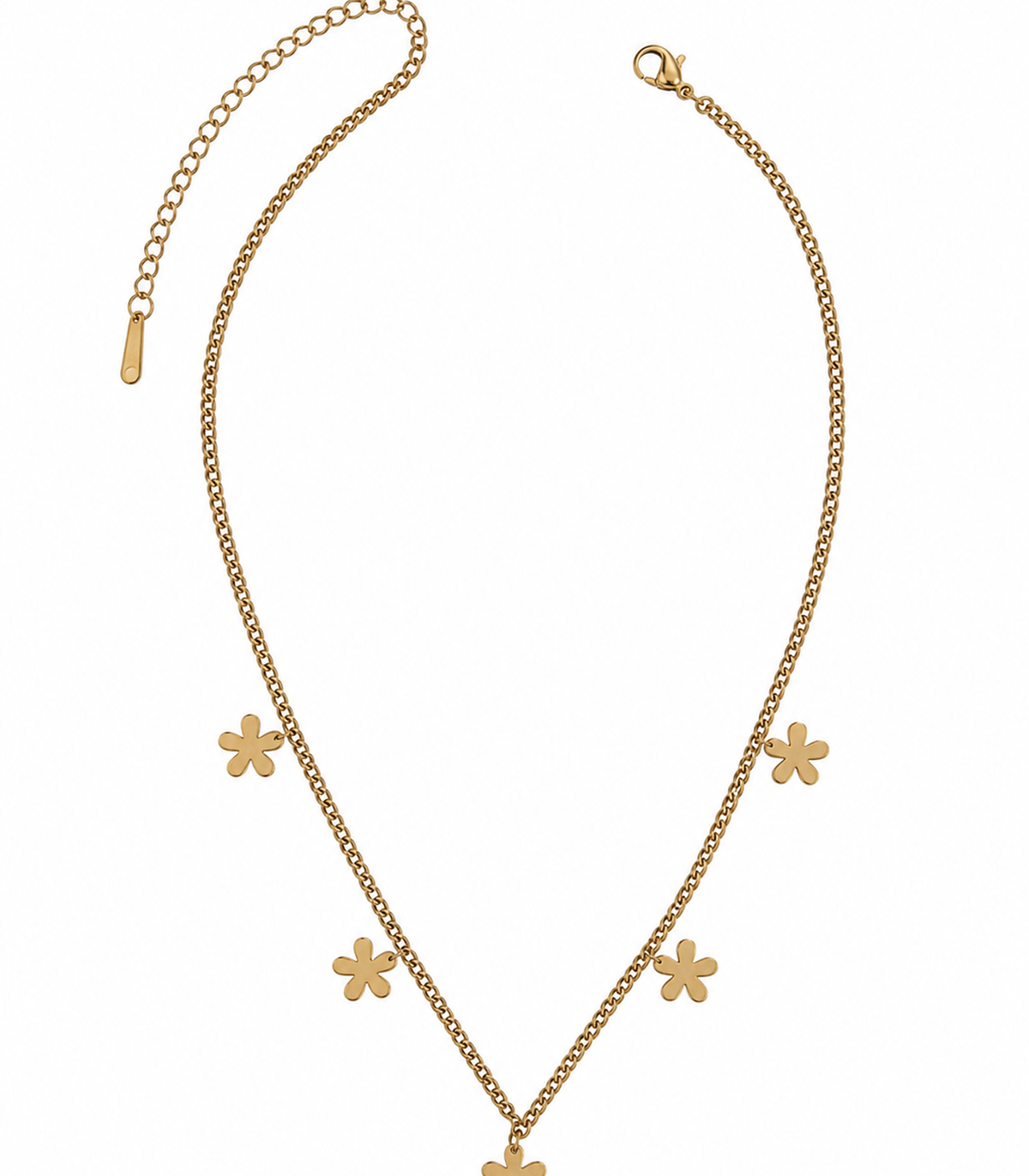 Gold Five Flower Chain Necklace on a white background