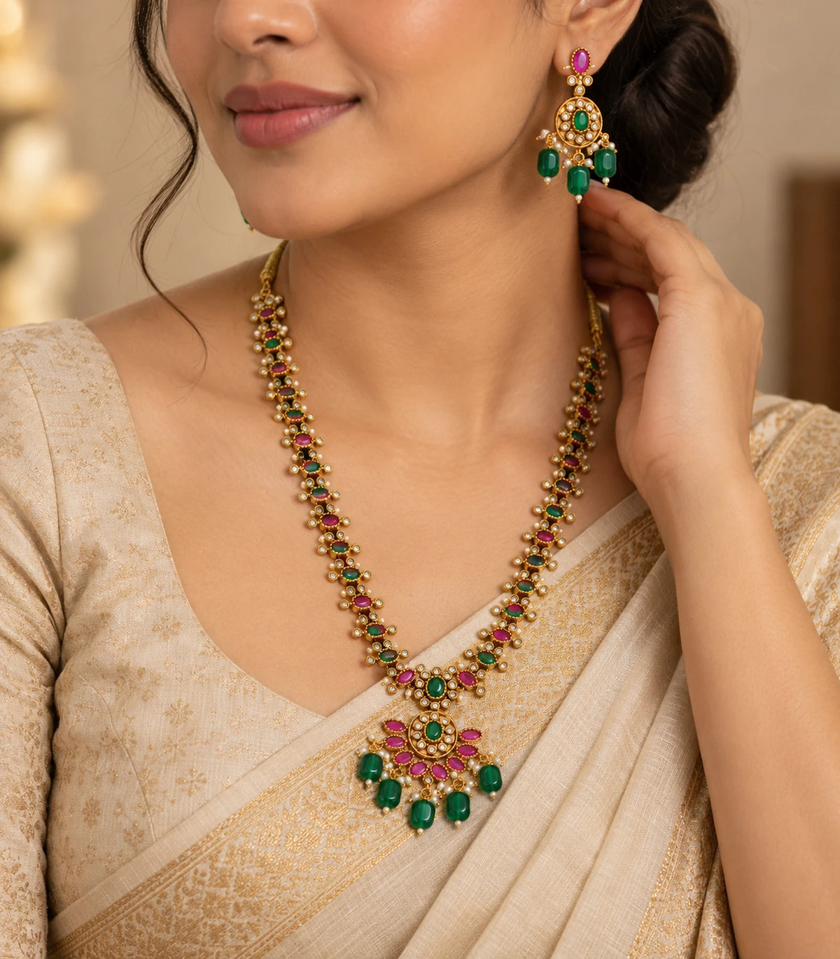 Gold Green Magenta Fringe Necklace Set worn in an editorial portrait