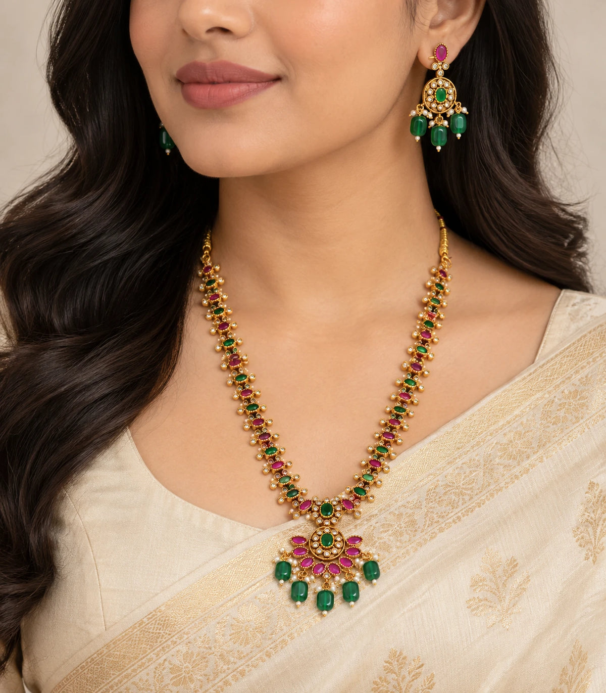 Gold Green Magenta Fringe Necklace Set worn with a cream outfit