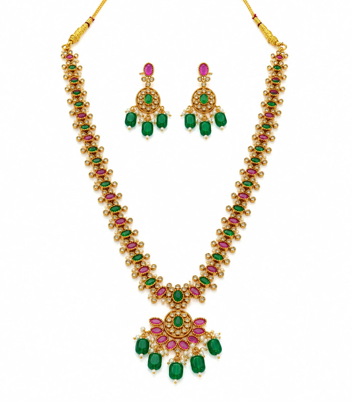 Gold Green Magenta Fringe Necklace Set with necklace and two matching earrings on white