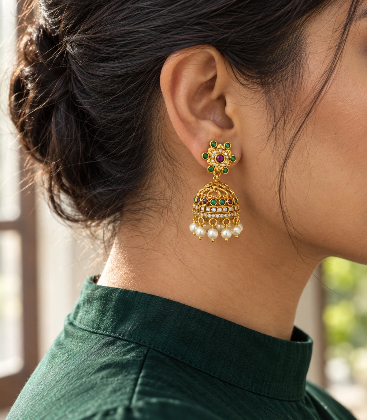 JIMIKI Gold Green Purple Flower Pearl Jhumka Earrings in Gold / Green / Purple - editorial worn view #color_gold-green-purple