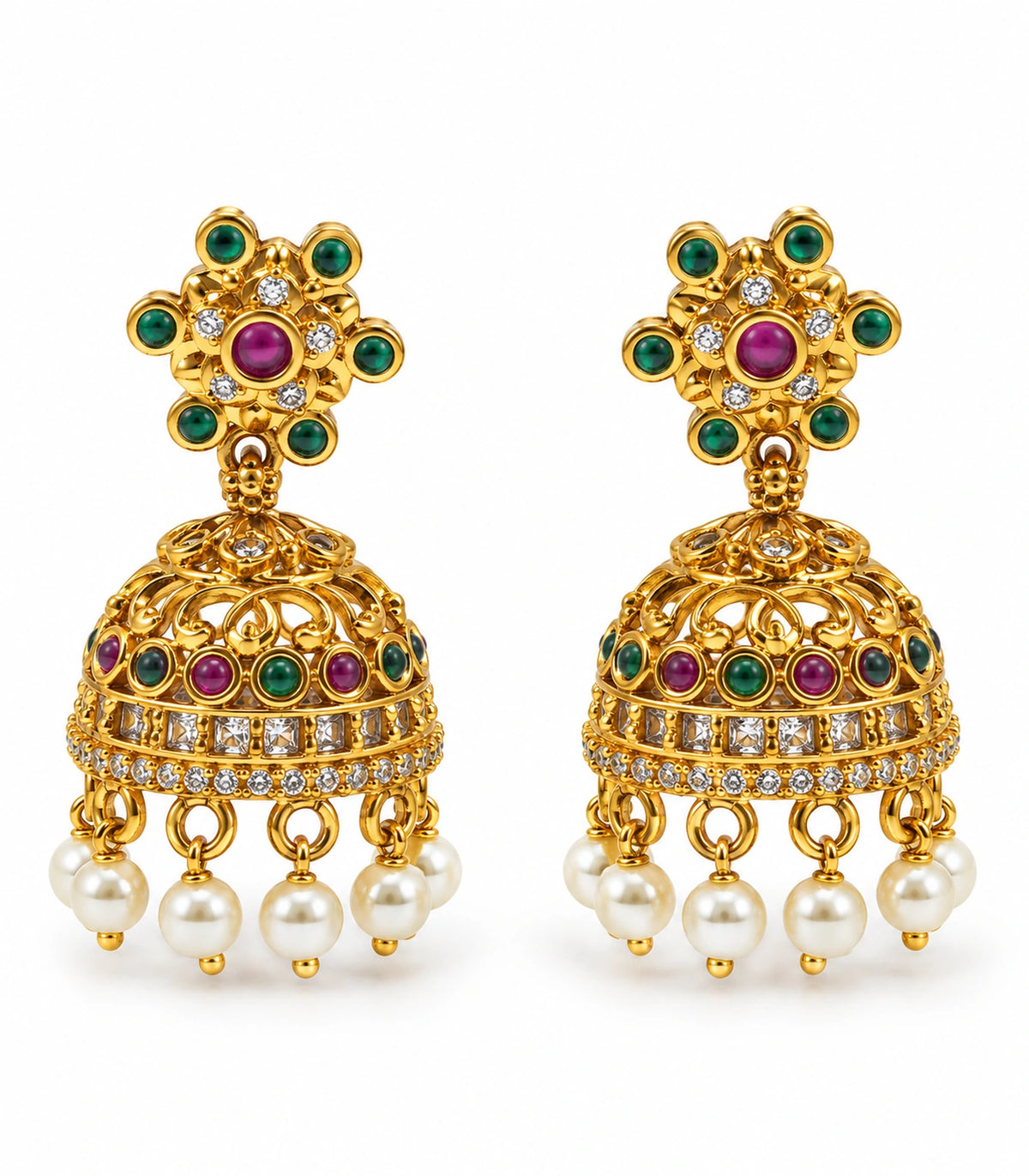 JIMIKI Gold Green Purple Flower Pearl Jhumka Earrings in Gold / Green / Purple - pair on white #color_gold-green-purple