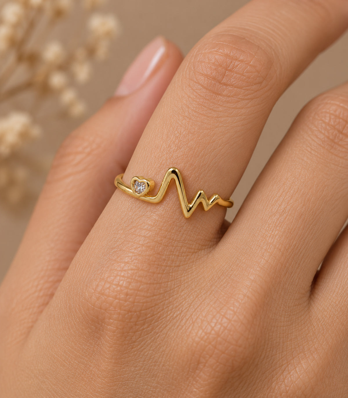 Gold Heart Heartbeat Open Ring — closeup view