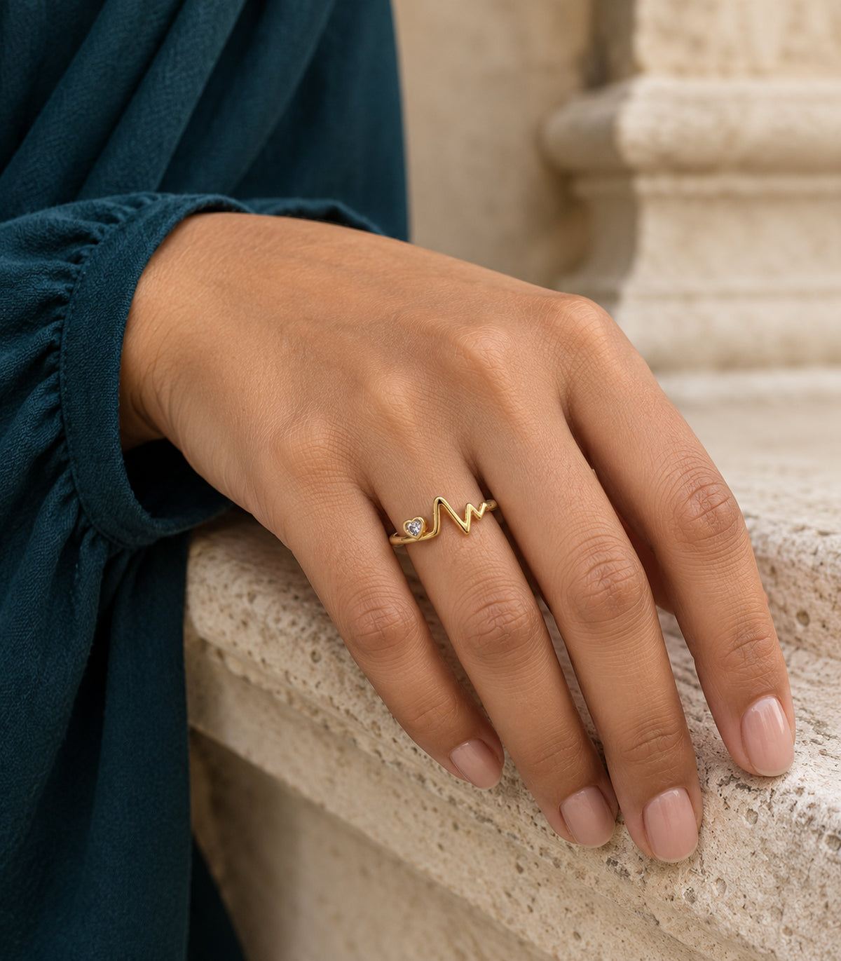 Gold Heart Heartbeat Open Ring — editorial model view