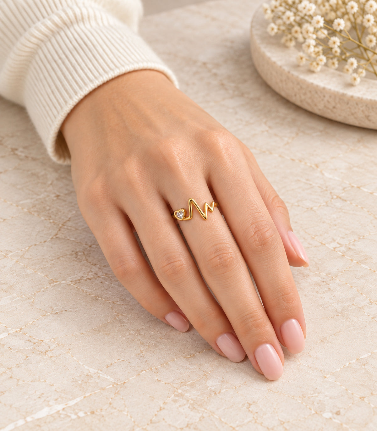 Gold Heart Heartbeat Open Ring — model view
