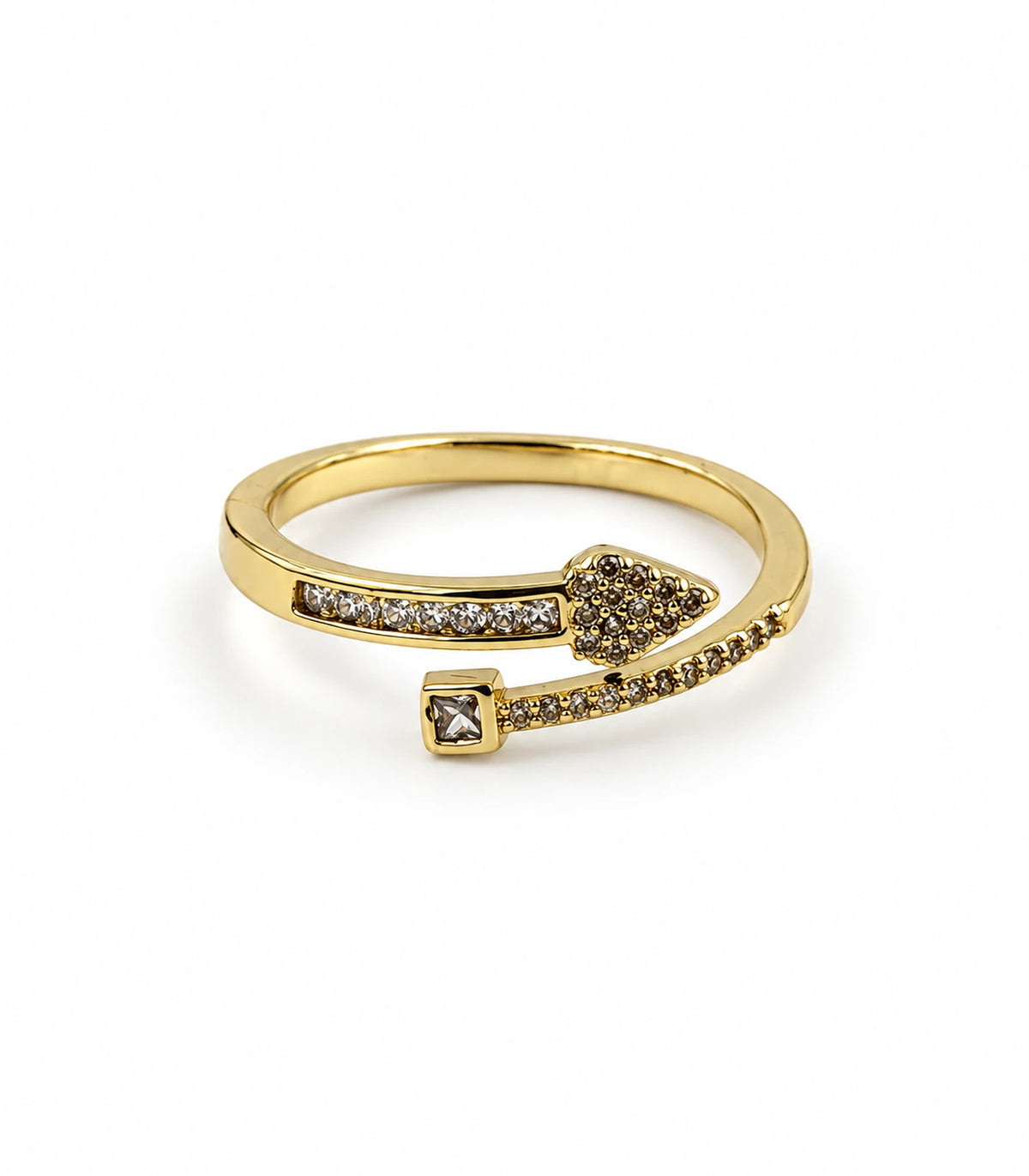 Gold-colour open wrap ring with pavé heart, square setting and two stone-set arms on white