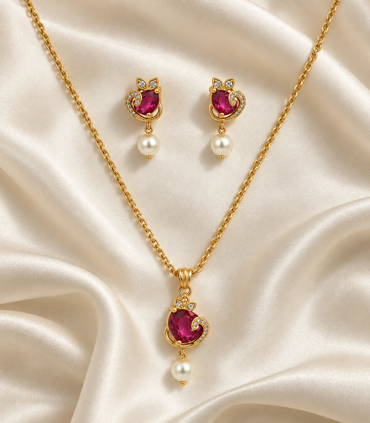 Gold magenta crescent pendant necklace and matching pearl-drop earrings arranged on fabric