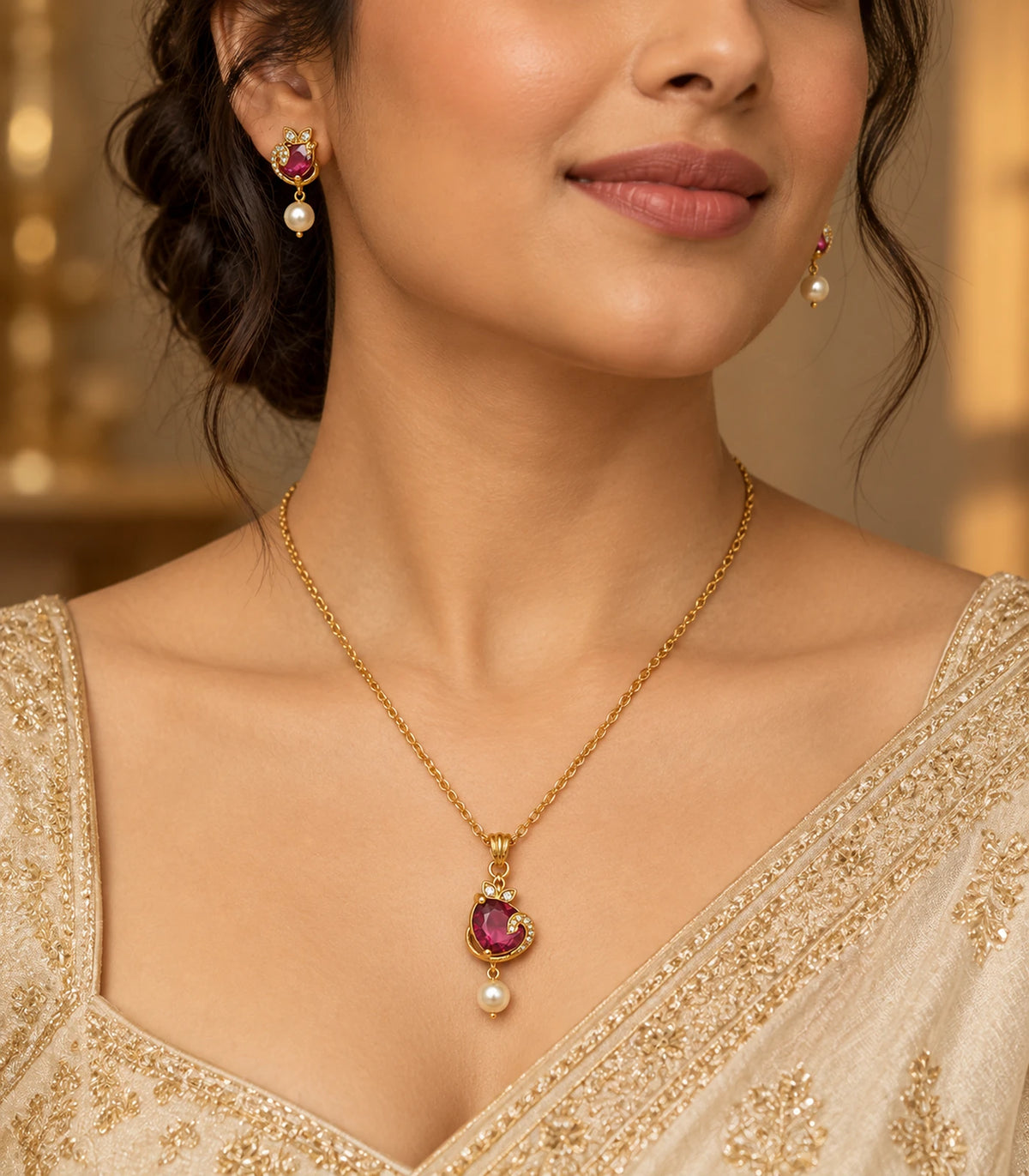 Three-quarter view of gold magenta crescent pendant necklace and matching earrings worn