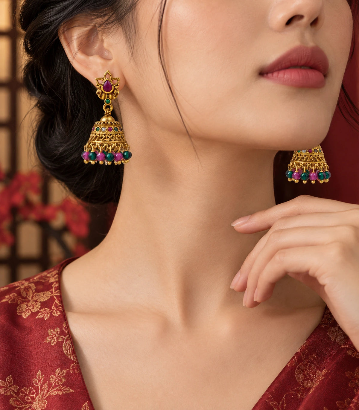Gold Magenta Crystal Chandbali Pearl Earrings — editorial model view