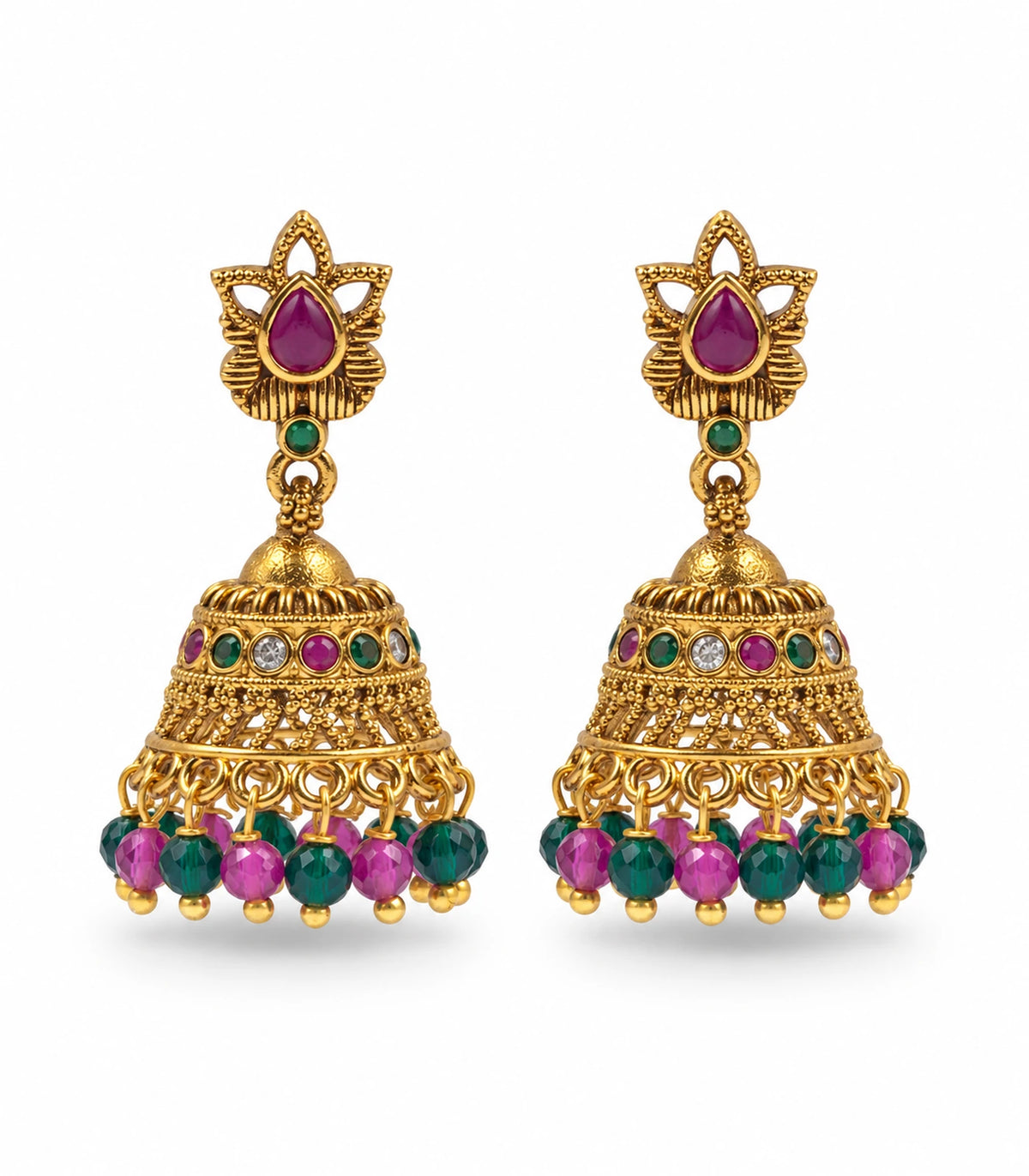 Gold Magenta Crystal Chandbali Pearl Earrings — white background view