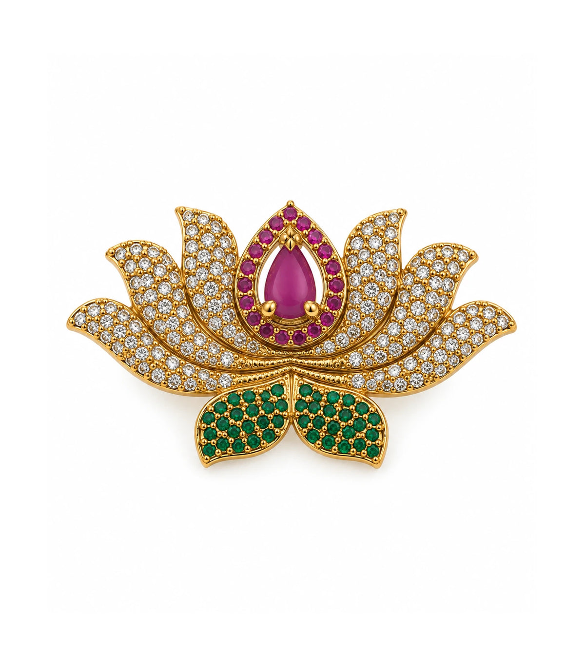 Gold-tone lotus brooch with magenta centre, clear detailing and green leaves on a white background