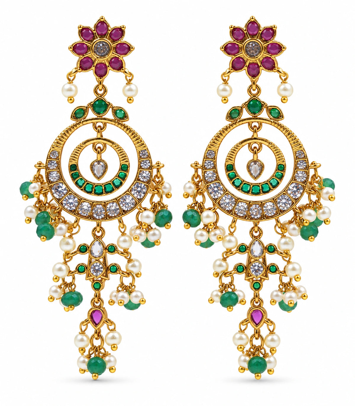 Gold-tone magenta and green Kundan-style chandelier earrings, complete matching pair on white