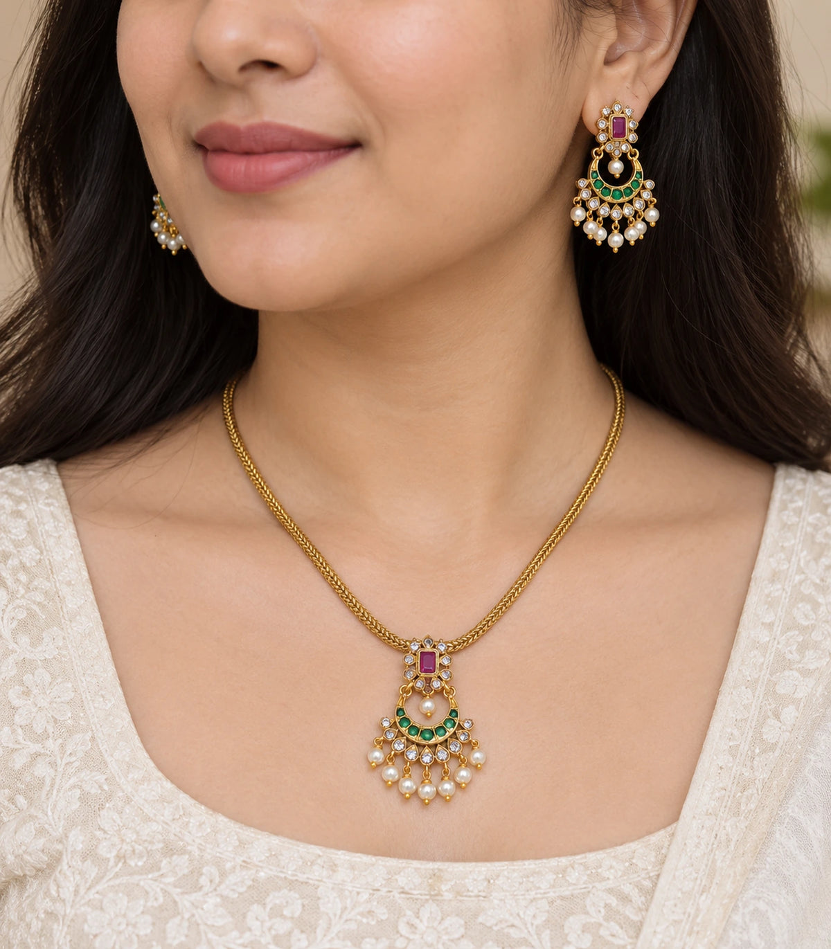 Close view of the gold-tone magenta and green pendant and matching earring worn naturally