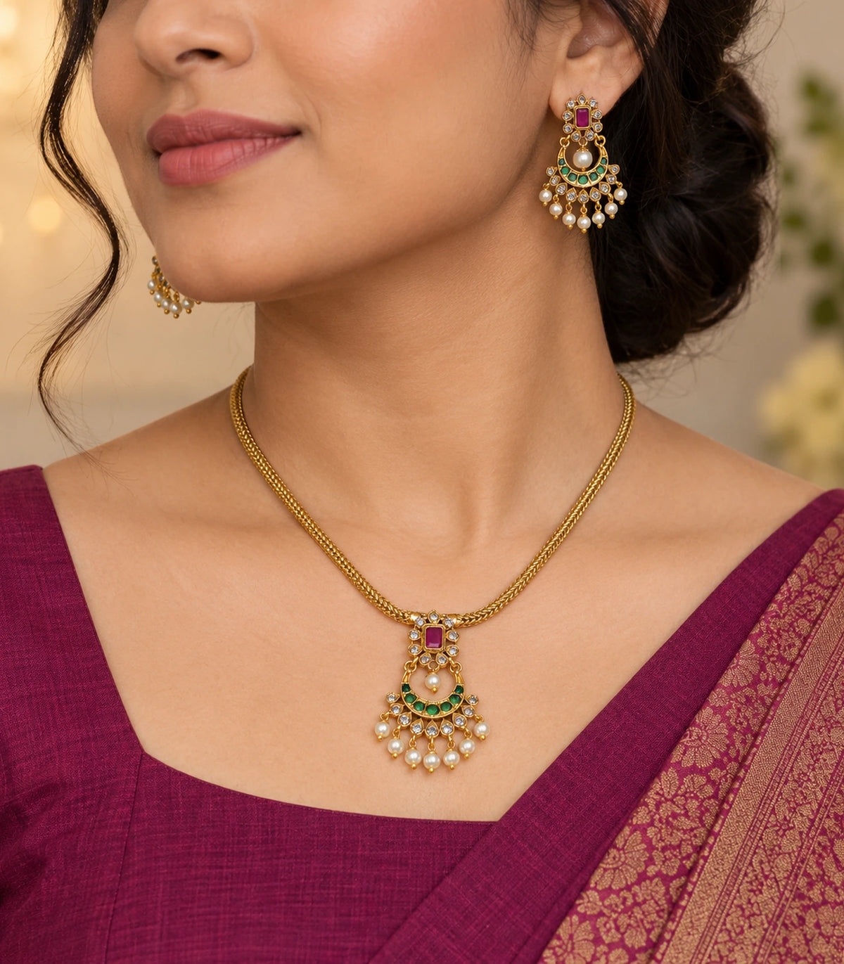 Magenta and green necklace set worn with a magenta saree in a turned pose