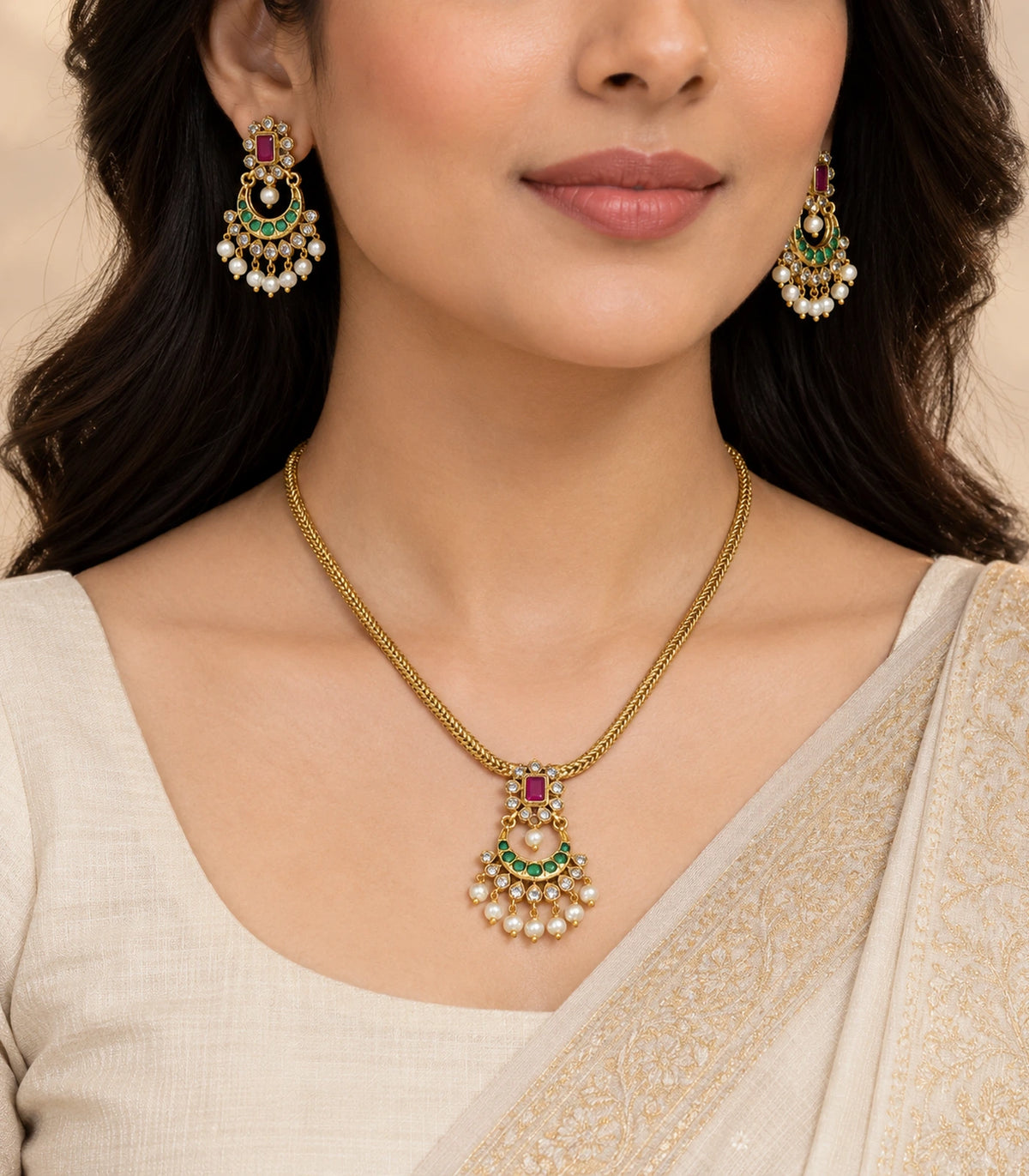 Magenta and green necklace set worn with matching earrings and an ivory saree