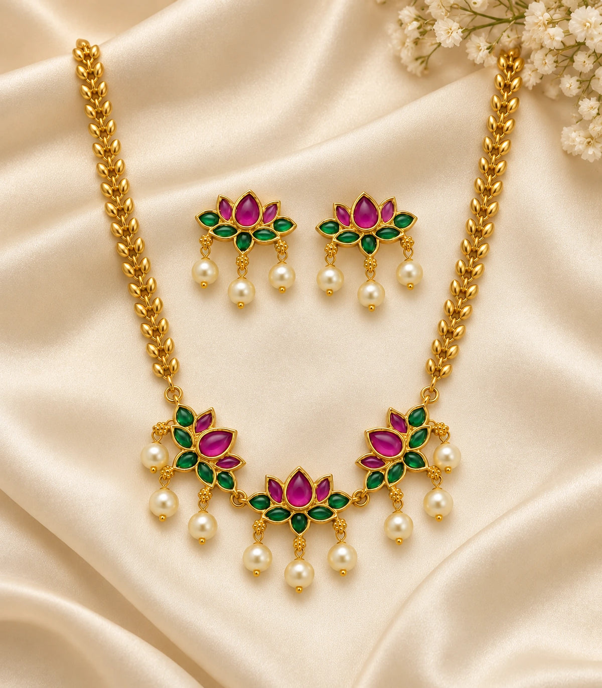 Complete gold-tone lotus necklace and matching pair of earrings arranged on cream fabric