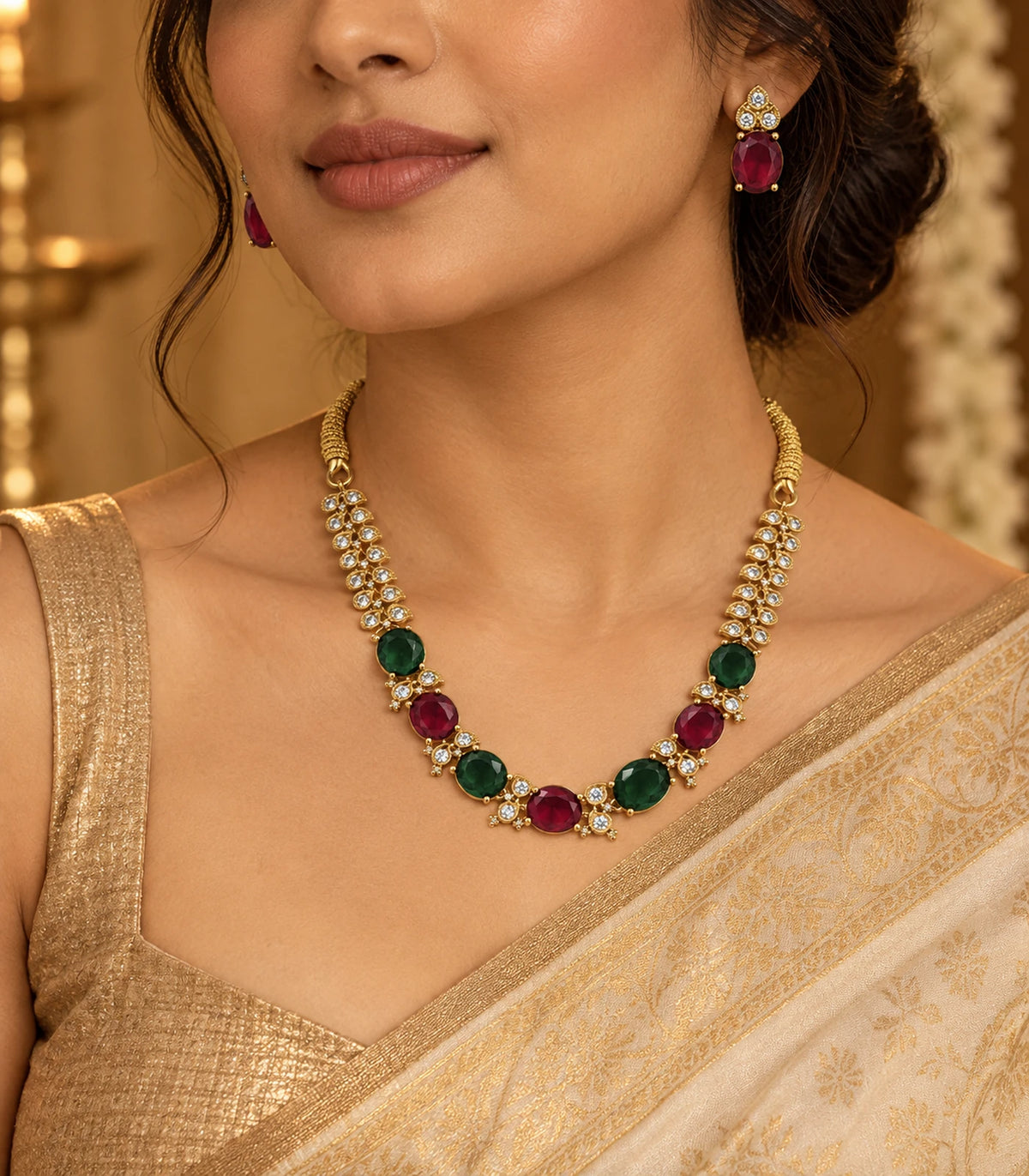 Gold-tone magenta and green oval necklace set worn with matching earrings in warm light