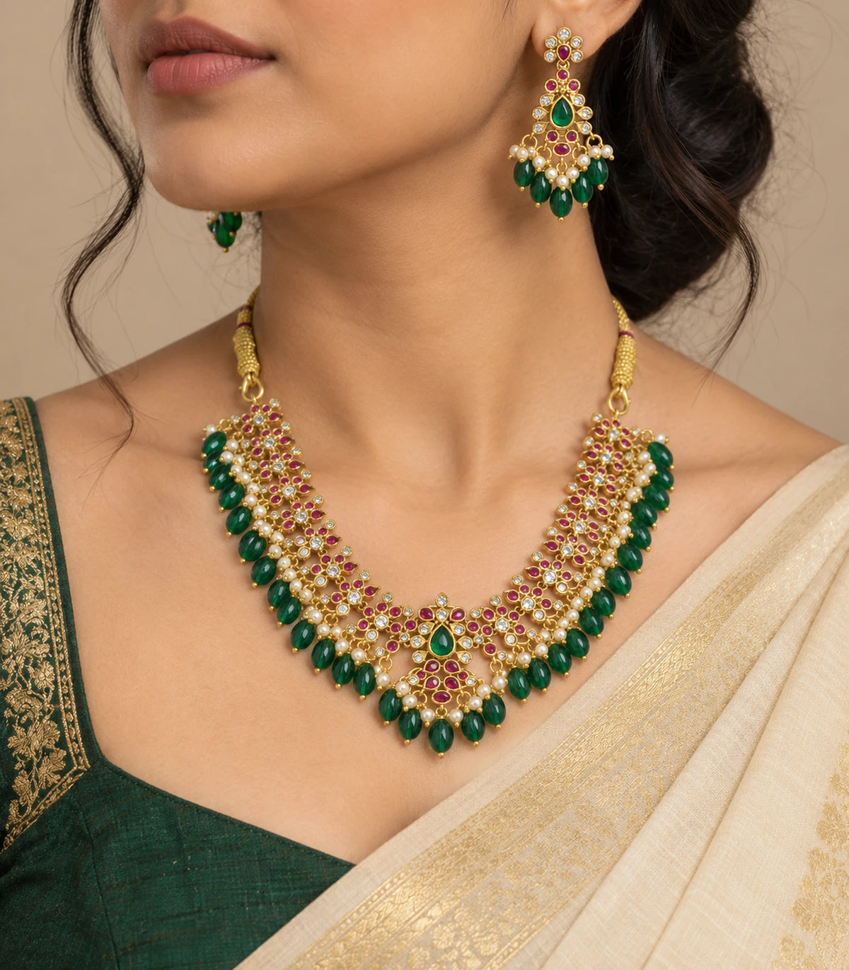 Gold-tone magenta and green necklace set worn in a three-quarter pose