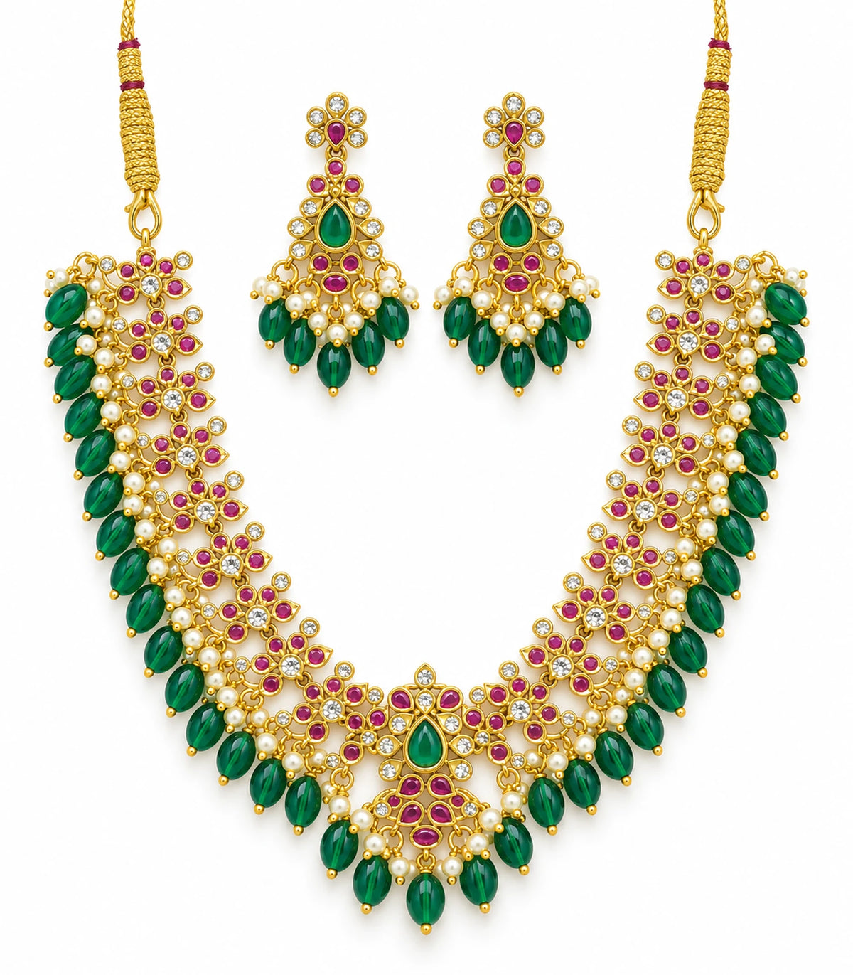 Gold-tone magenta and green necklace set with matching earring pair on white background