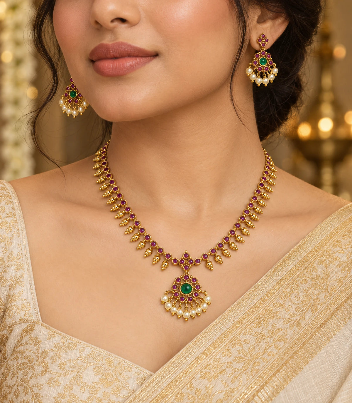 Gold-tone magenta and green necklace set and matching earrings in a three-quarter worn view
