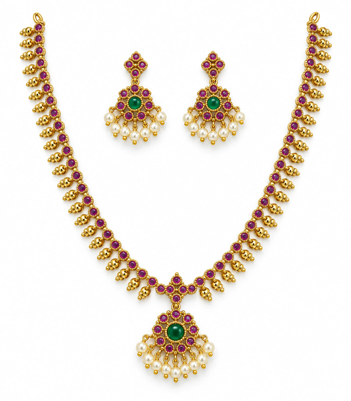 Gold-tone magenta and green necklace set with two matching pearl-detail earrings on white