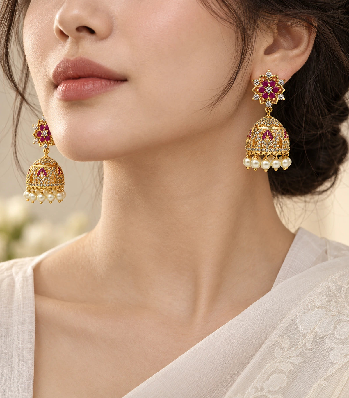 Gold Magenta Floral Crystal Pearl Jhumka Earrings — styled worn view of floral studs and pearl-fringed bells