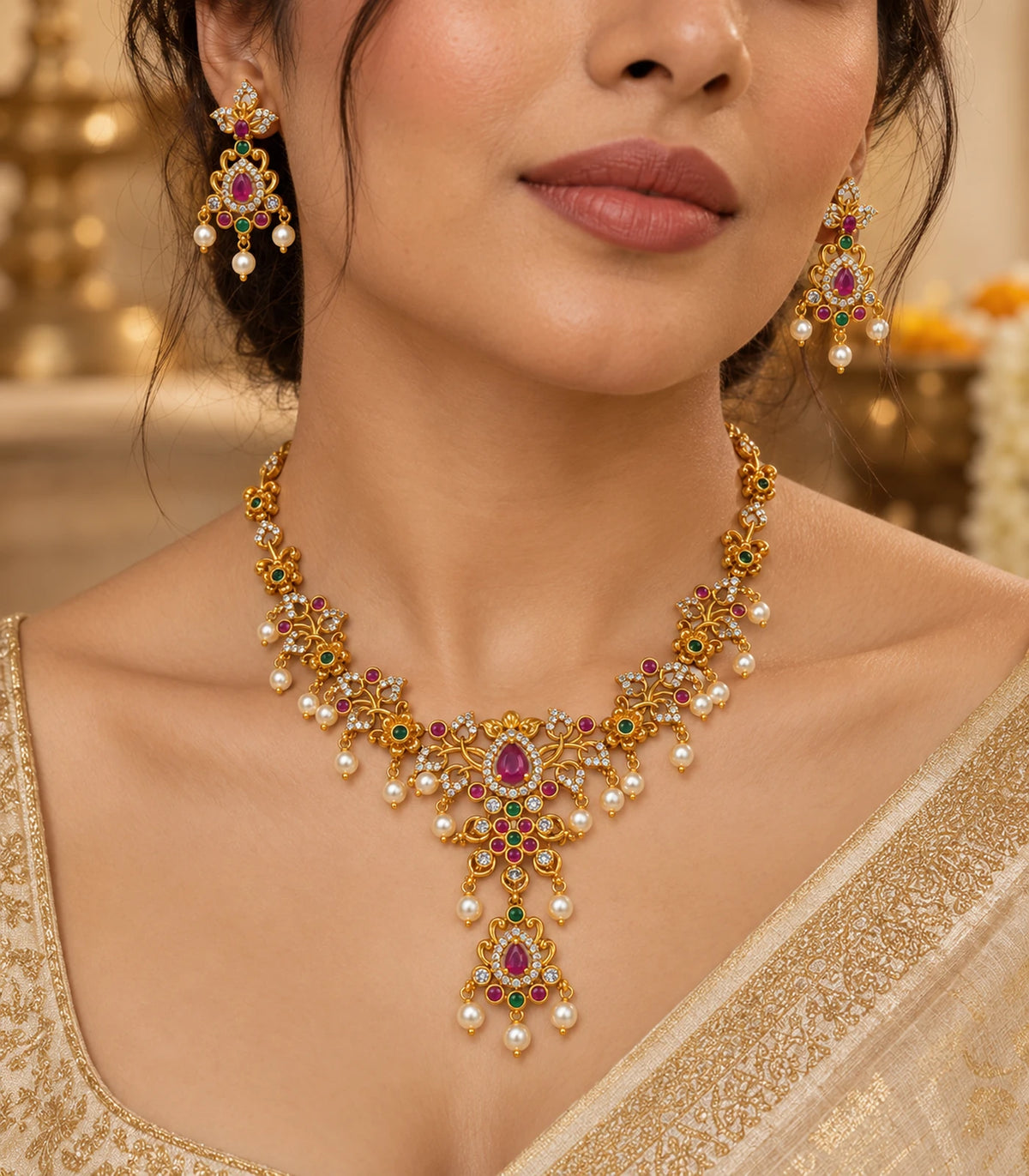 Gold-tone magenta floral necklace set worn with a gold outfit in a warm editorial setting.