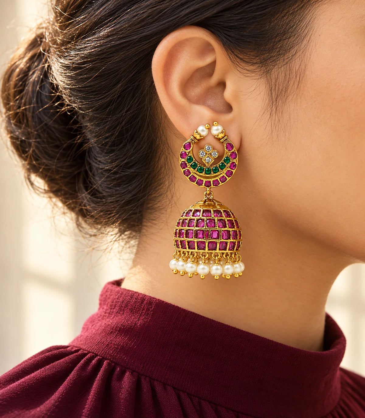 Gold-tone magenta and green lattice jhumka earrings worn in warm light with an ivory embroidered outfit