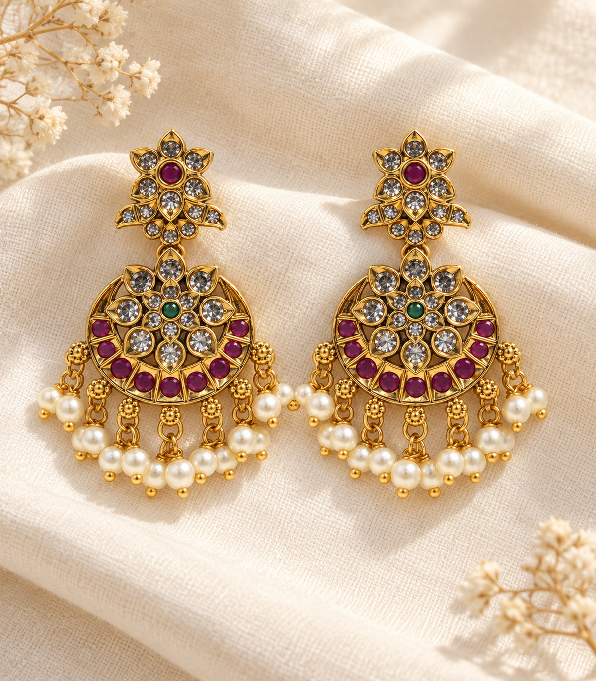 Matching pair of gold, magenta and green floral pearl chandbali earrings in an editorial flatlay