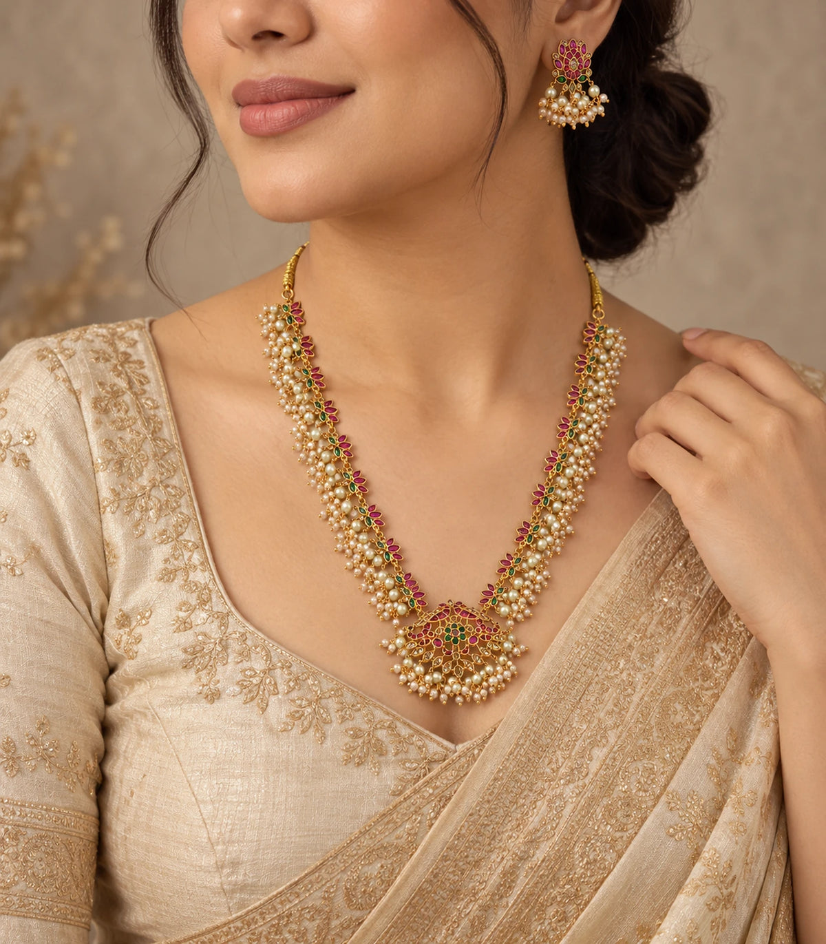 Three-quarter styled view of the Gold Multicolor Pearl Fringe Necklace Set