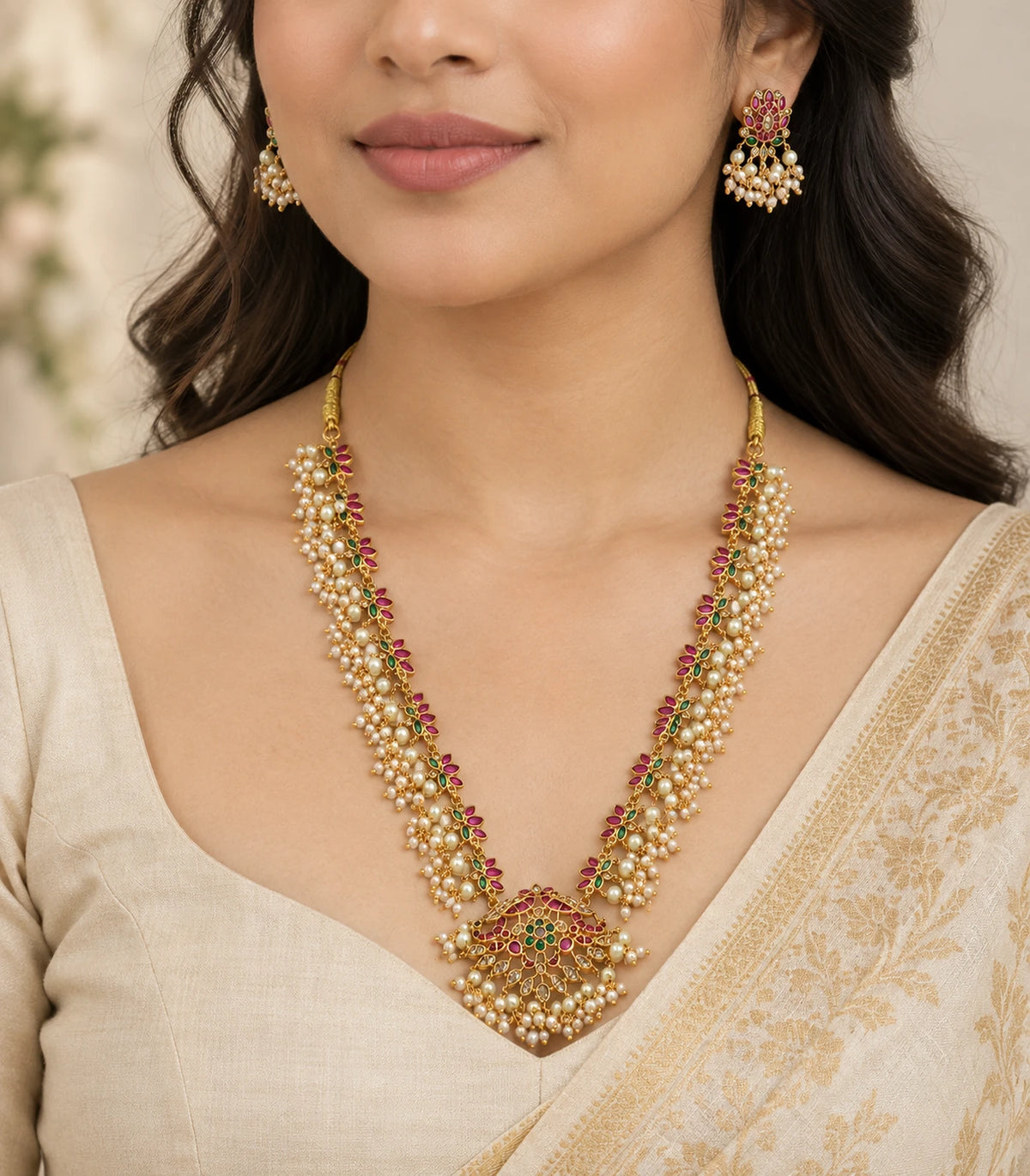 Gold Multicolor Pearl Fringe Necklace Set worn with a cream and gold outfit