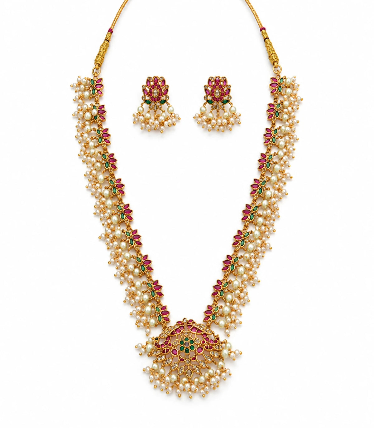 Gold Multicolor Pearl Fringe Necklace Set with one necklace and two matching earrings on white