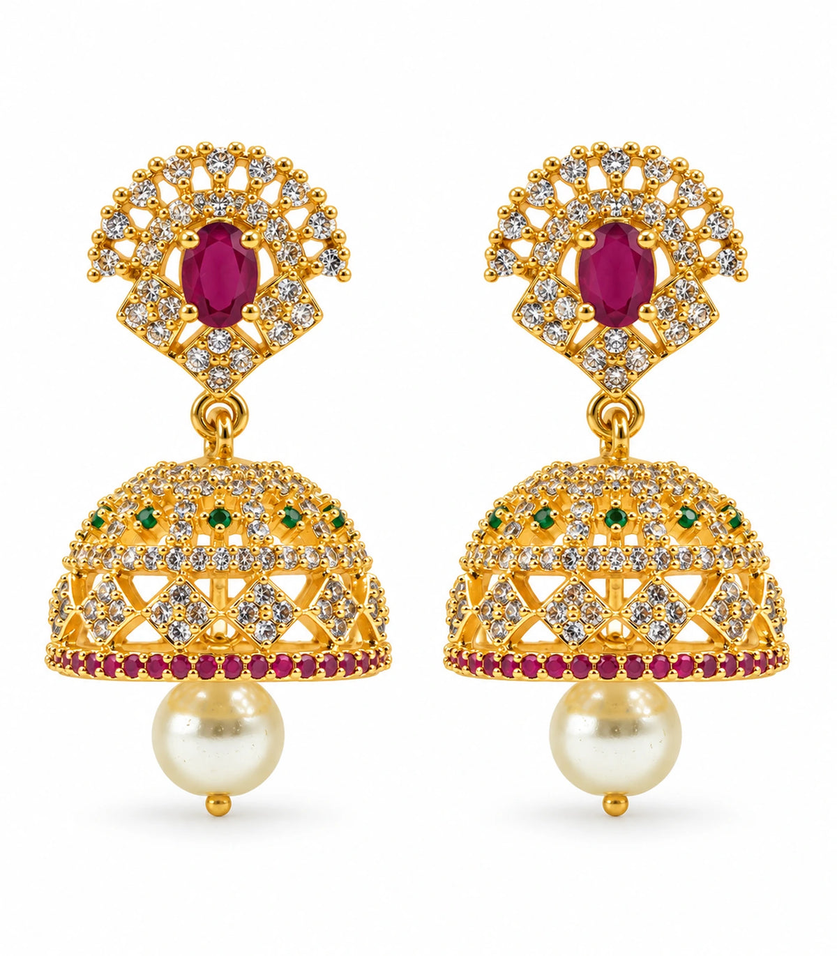 Complete matching pair of gold-tone magenta and green floral pearl jhumka earrings on white